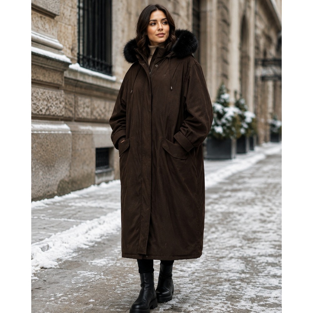 Bromely Goose Down Maxi Parka Dark Brown Genuine Fox Fur Trim Hood Coat Size L